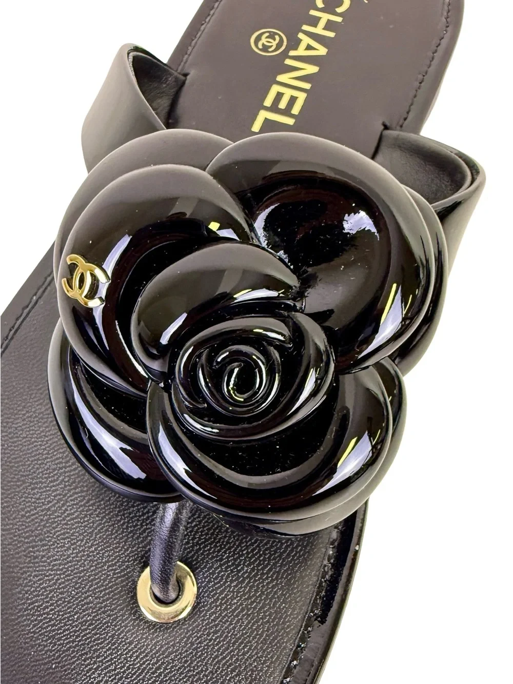 CHANEL BLACK CAMELLIA THONG JELLY SANDALS